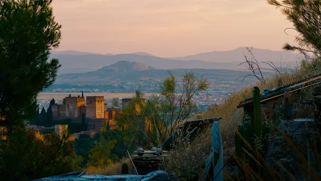 The Alhambra in the evening light, seen through trees