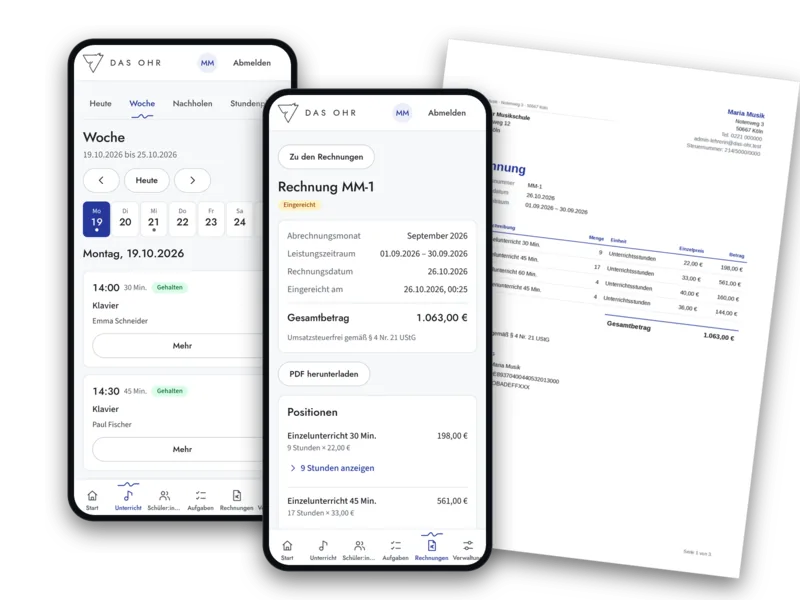 The music school app on two phones, week view and invoice, in front of a generated PDF invoice (demo data)