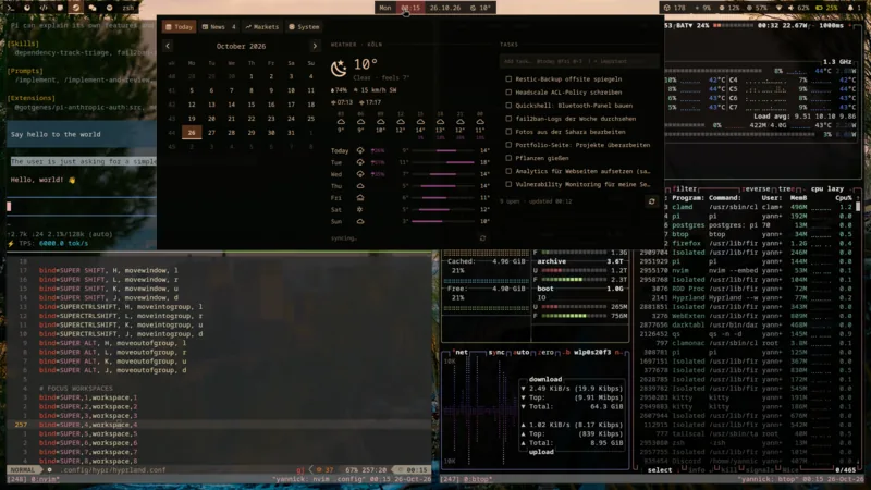 My Hyprland desktop with the Quickshell bar, a dashboard panel with calendar, weather and tasks, Neovim and btop